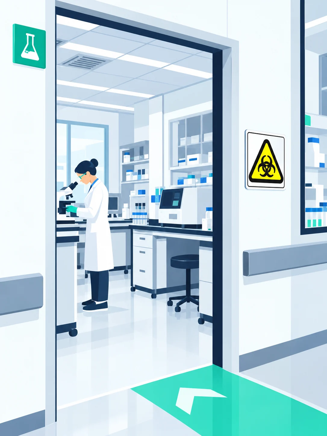 Ilustración de señal de riesgo biológico a la altura de la vista en un laboratorio