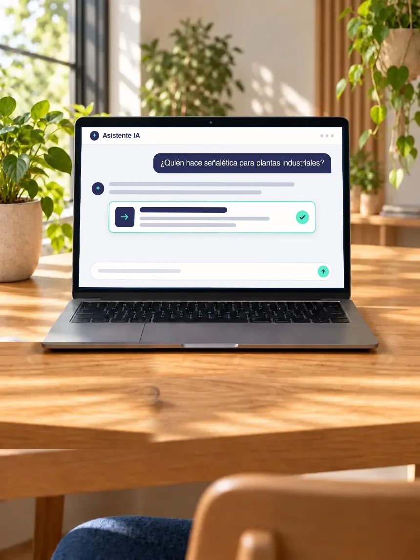 Notebook sobre un escritorio luminoso con plantas y un asistente de IA respondiendo una consulta