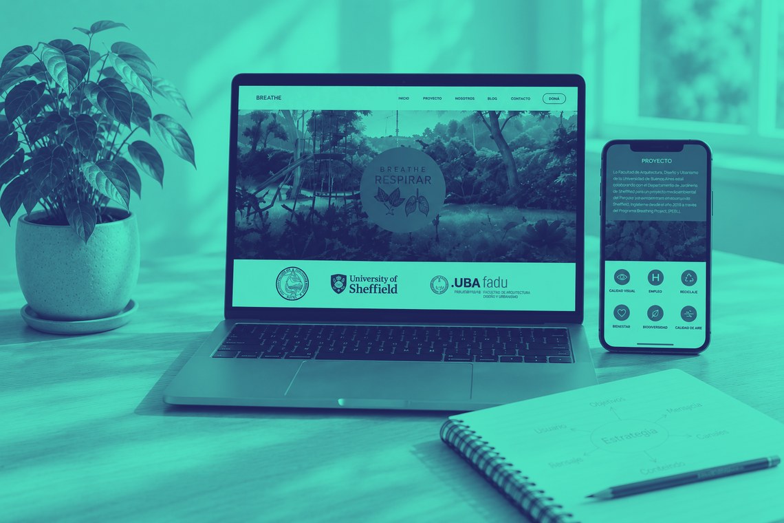 Diseño web responsive del proyecto Breathe Respirar en notebook y teléfono